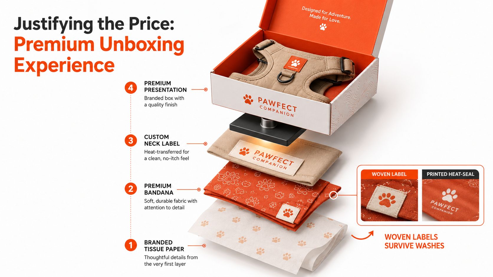 A diagram illustrating the premium unboxing experience of high-quality, branded dog harness and accessories.