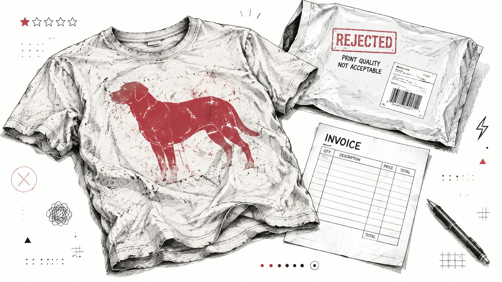 A t-shirt with a red dog print next to a rejected shipping package and blank invoice.