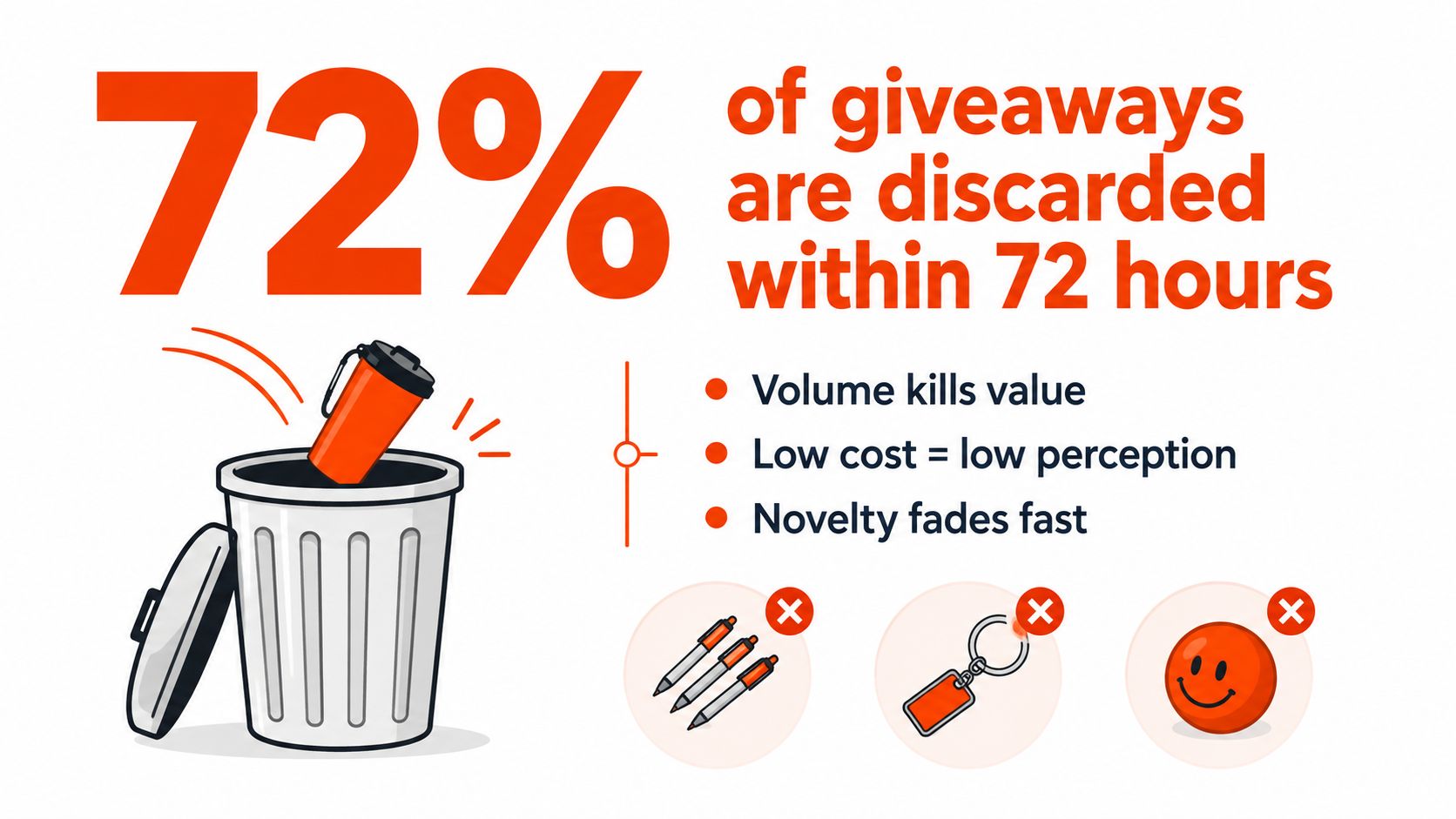 An infographic showing that 72% of cheap promotional giveaways are discarded by recipients within 72 hours.