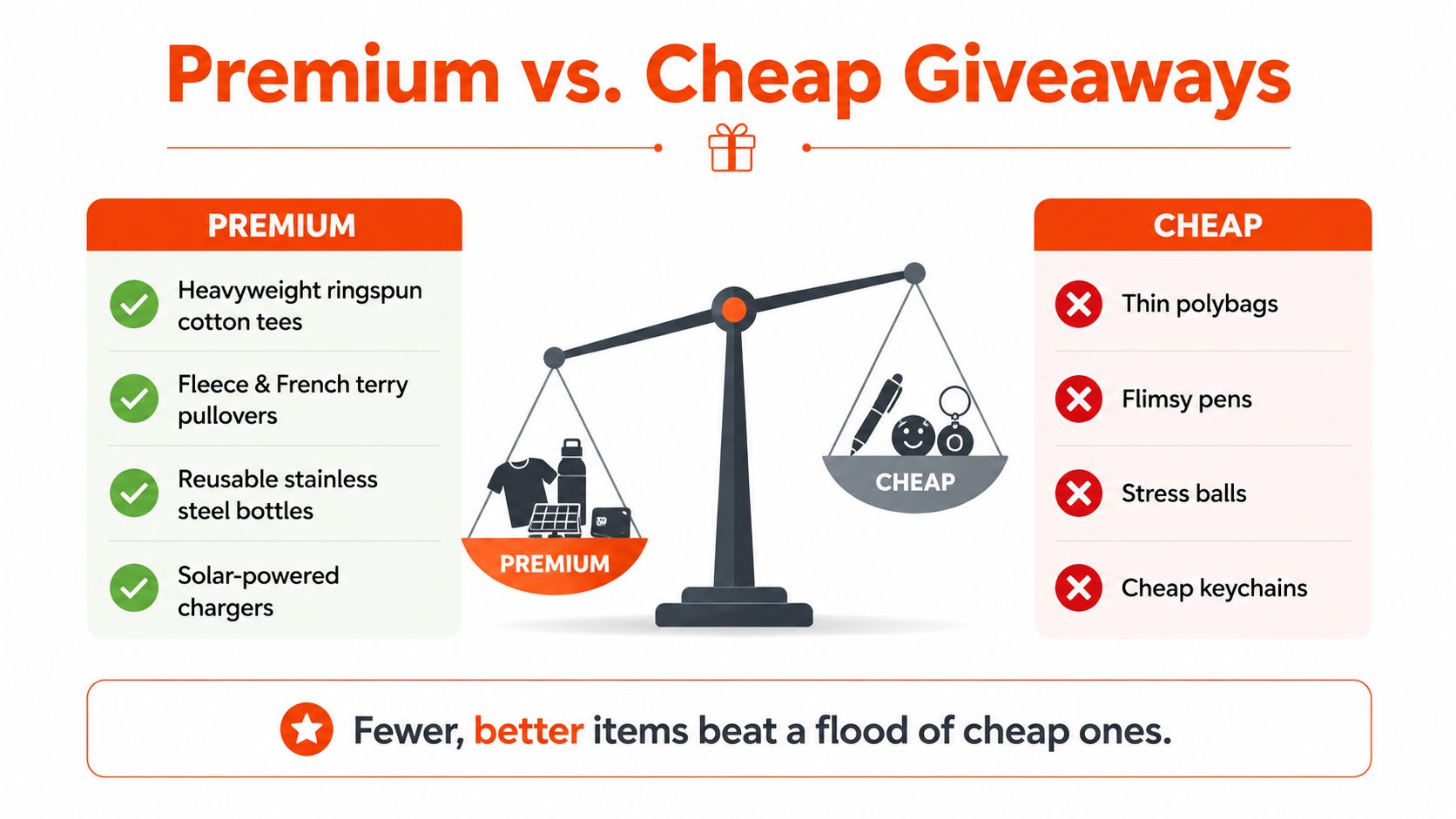 A comparative infographic showing premium giveaway items like high-quality apparel versus cheap promotional trinkets on a scale.