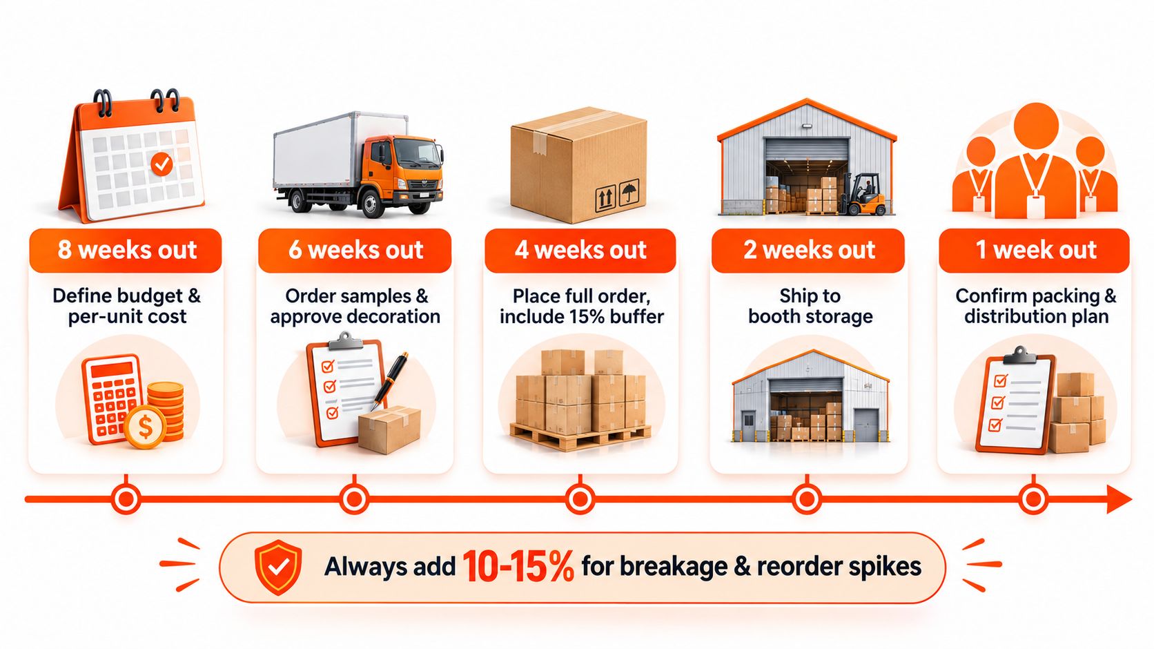 A timeline graphic showing five steps for trade show planning from eight weeks out to one week out.