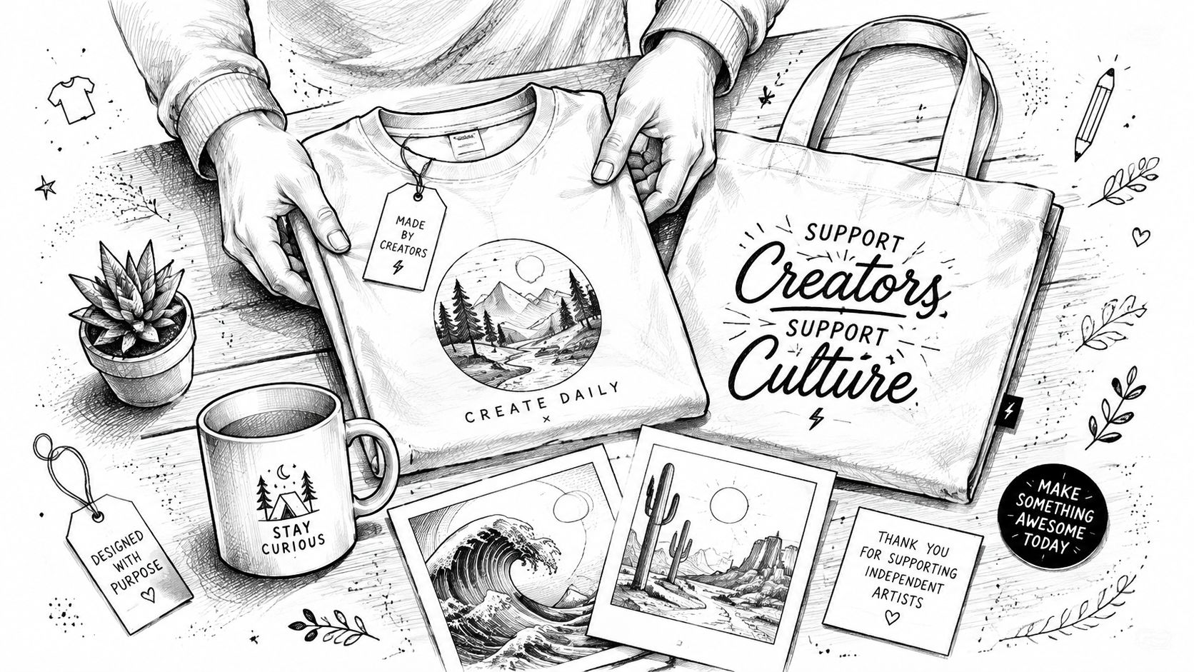 A hand-drawn illustration showing a desk with a creator's t-shirt, tote bag, mug, and art prints.