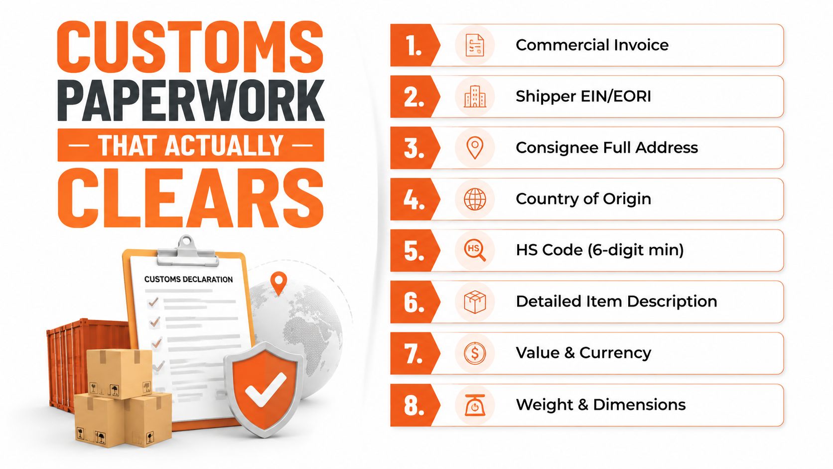 A list of eight essential requirements for customs paperwork to ensure smooth international shipping and clearance.