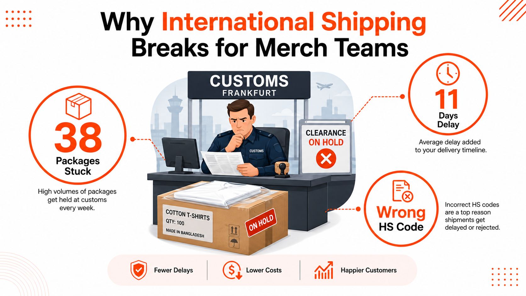 An infographic illustrating common customs delays for international shipping, highlighting package hold-ups and incorrect HS code issues.