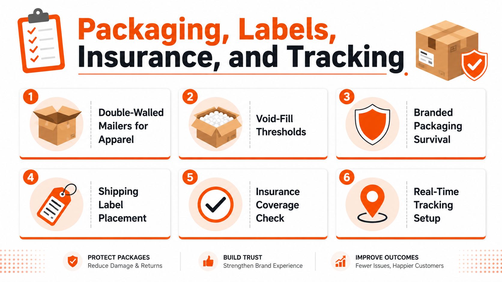 An infographic detailing six essential tips for improving e-commerce packaging, shipping labels, insurance, and package tracking processes.