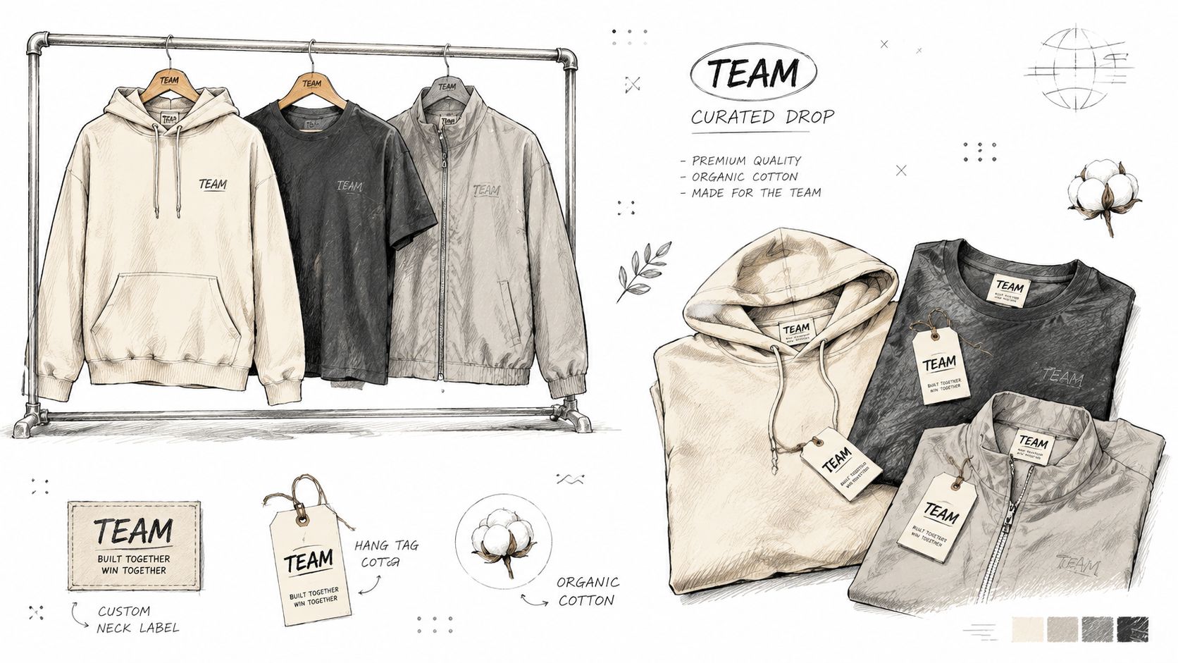 A sketched fashion collection display featuring hoodies, t-shirts, and jackets with matching tags and branding elements.