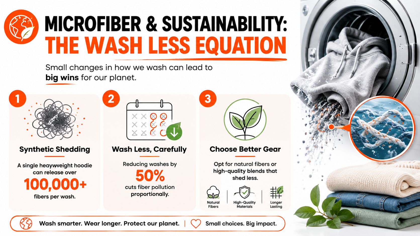 An educational infographic about reducing microfiber pollution by washing clothes less frequently and choosing sustainable materials.