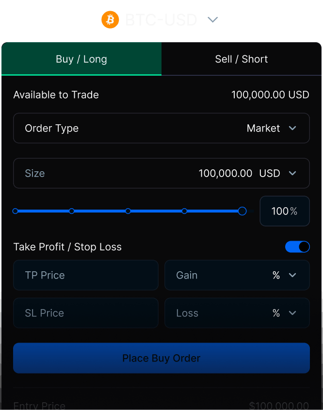 Cryptocurrency trading interface for BTC-USD with options to buy long, set order type and configure take profit and stop loss.