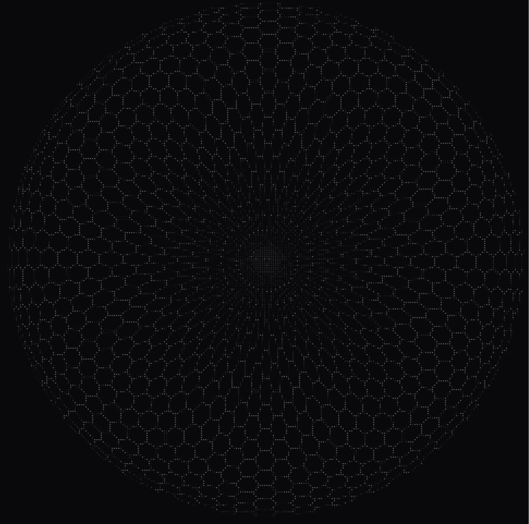 3D wireframe globe with hexagonal and radial grid pattern on a black background.