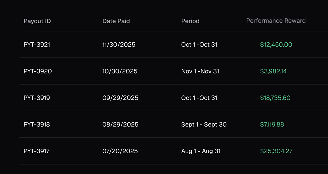 Table listing five payouts with columns for Payout ID, Date Paid, Period, and Gross Profit values.