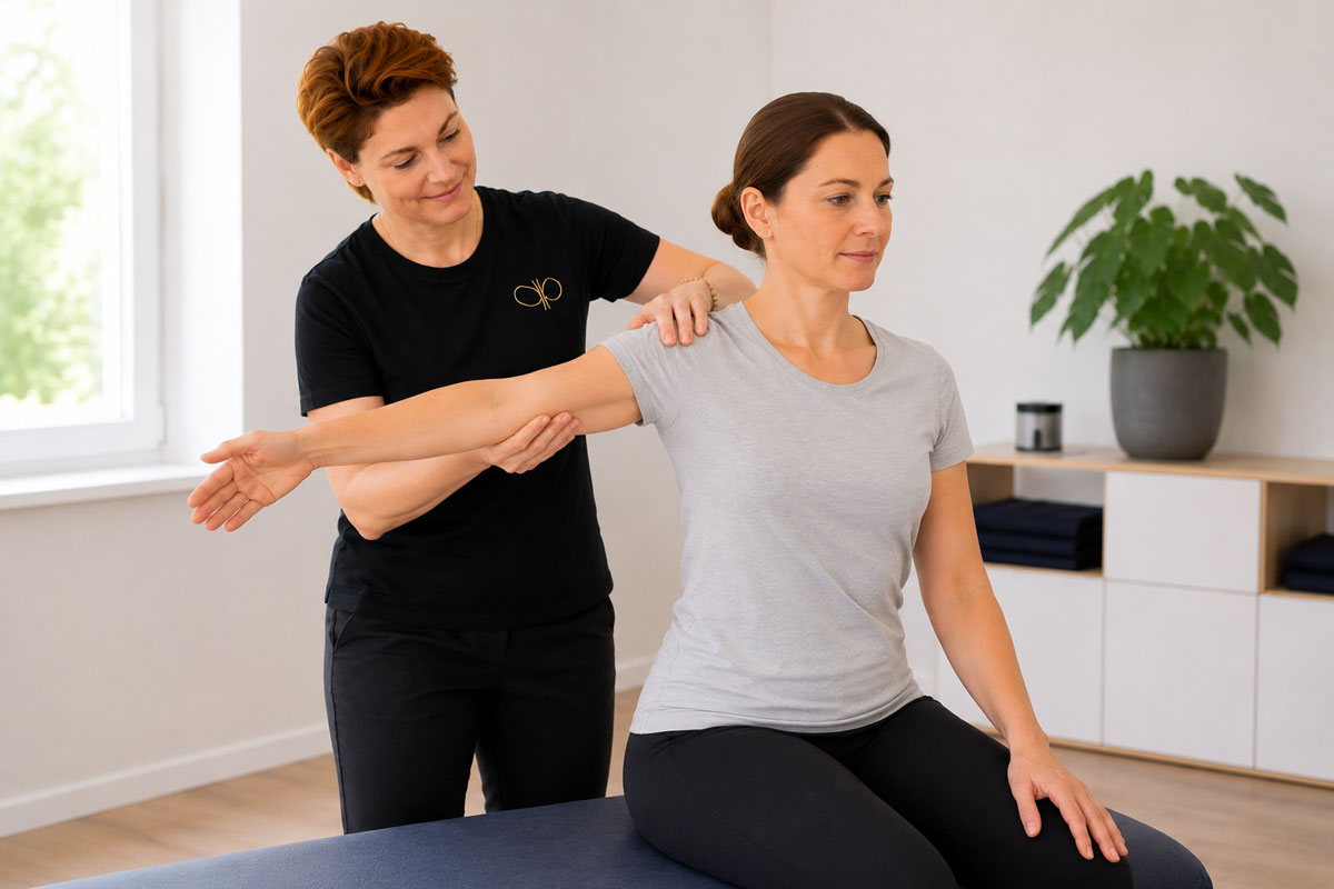 Physiotherapeut unterstützt Patientin bei neurologischer Physiotherapie nach PNF