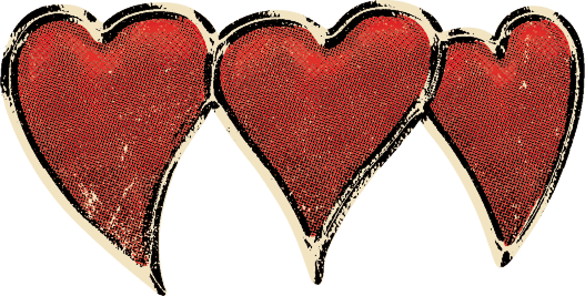 Three stylized red hearts with a distressed, textured appearance and black outlines arranged side by side.