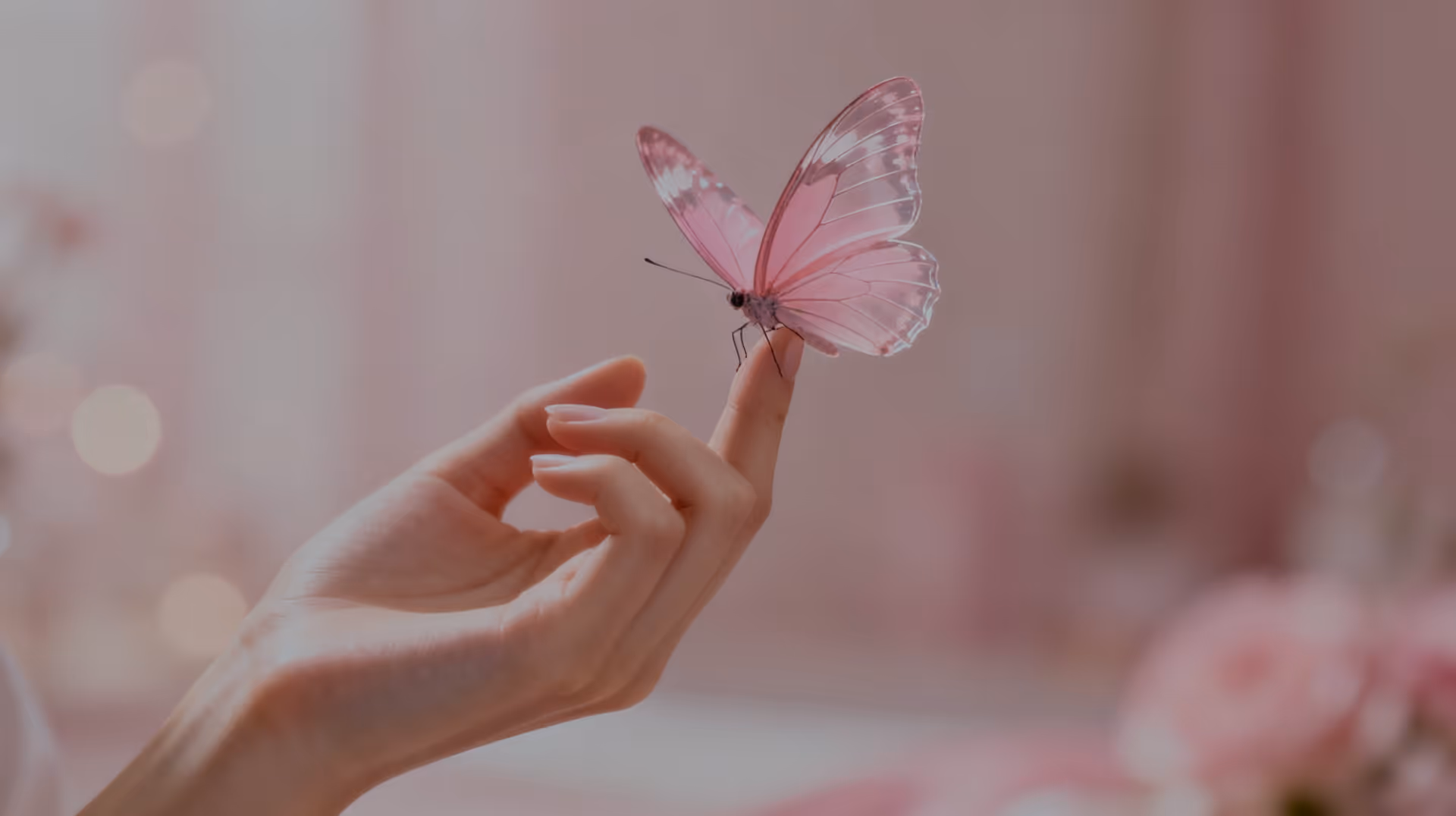 Eine zarte Hand, auf deren Finger ein rosa Schmetterling sitzt, vor unscharfem rosafarbenem Hintergrund.