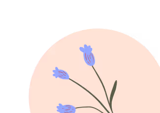 Drei einfache blaue Blumenbögen mit grünen Stielen und Blättern vor einem runden, hellrosa Hintergrund.