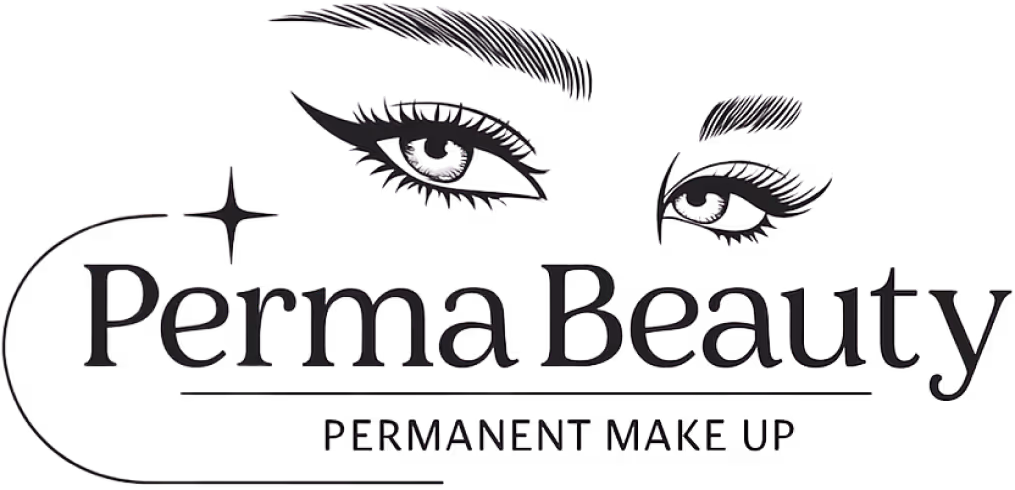 Logo von Perma Beauty mit stilisierten Augenbrauen und Augen über dem Text 'Perma Beauty Permanent Make-up'.