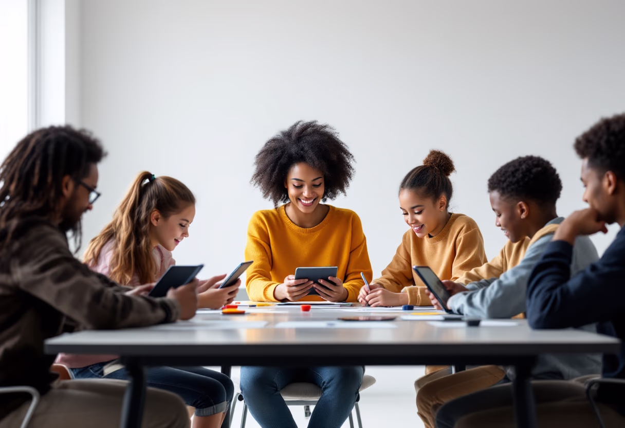 image of a teacher interacting with students using digital tools