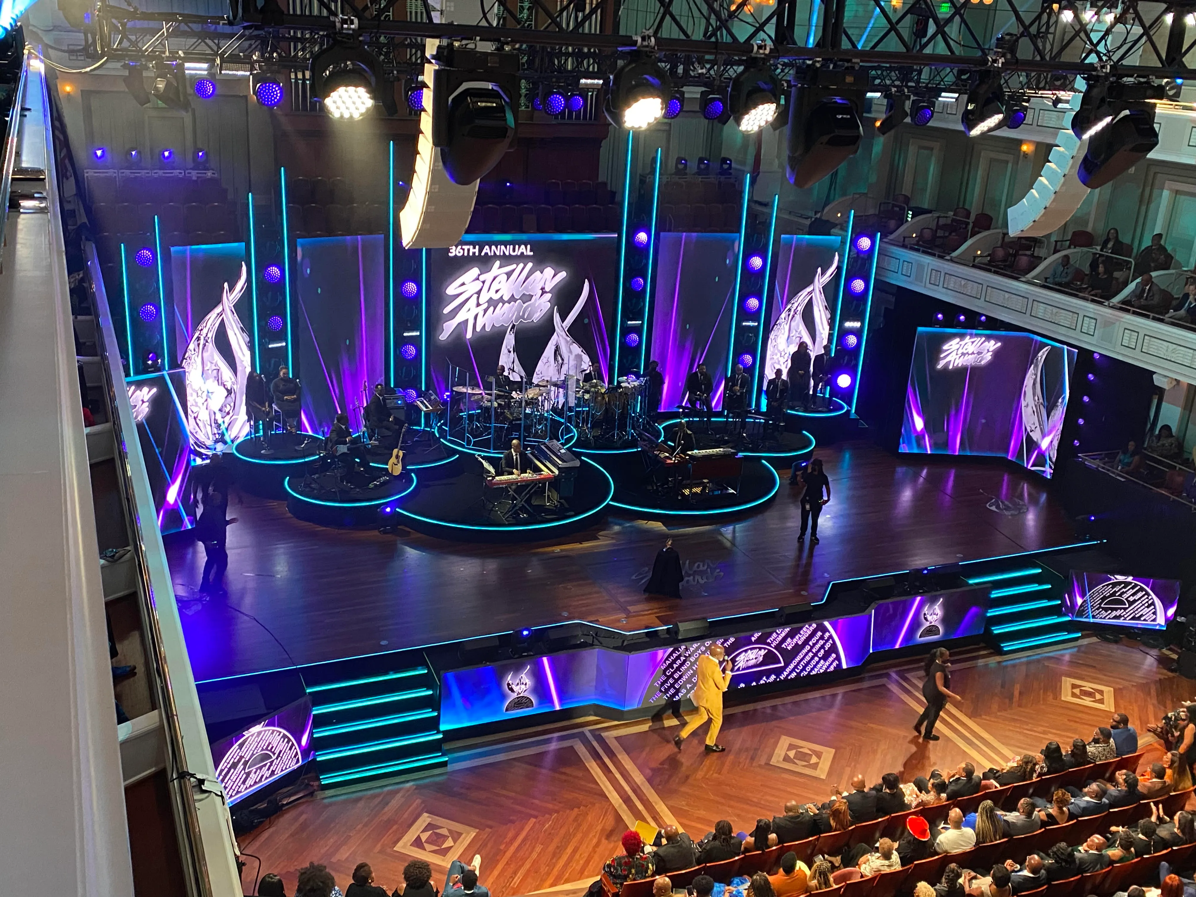 Production design by Scott Moore.  We outlined band risers with our custom flexible fixtures, lined the vertical trussing, lined the edge of the house stage and installed units in the steps.  All of this is from our rental stock!