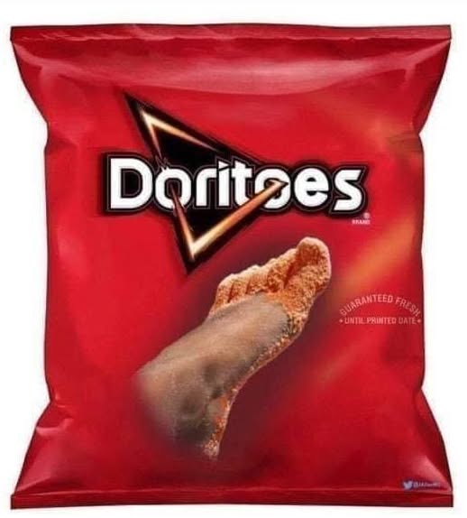 An edited meme image of a Doritos bag with the brand name spelled "Dori T O E S" and a foot with toes covered in nacho cheese dust