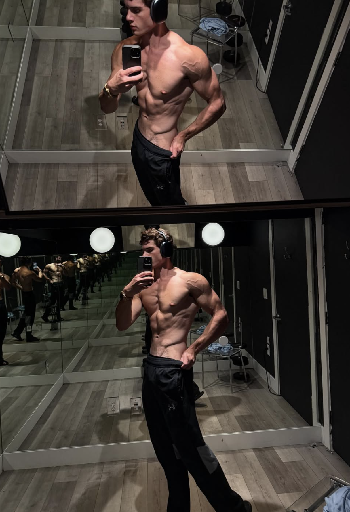 Clavicular flexes shirtless in a gym mirror. He's lean and muscular with protruding veins