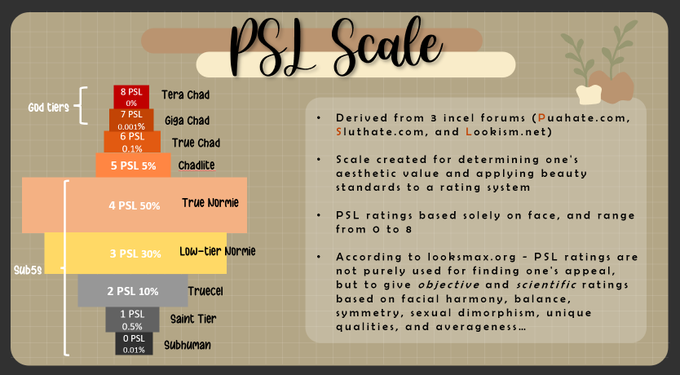 An infographic describing the PSL scale. The scale goes from "Subhuman" to "Tera Chad" with "True Normie" in the middle.