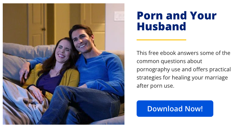 This screenshot of an advertisement features a heterosexual white couple smiling while cuddling on the couch. Text reads: "Porn and Your Husband This free ebook answers some of the common questions about pornography use and offers practical strategies for healing your marriage after porn use. Download Now!"