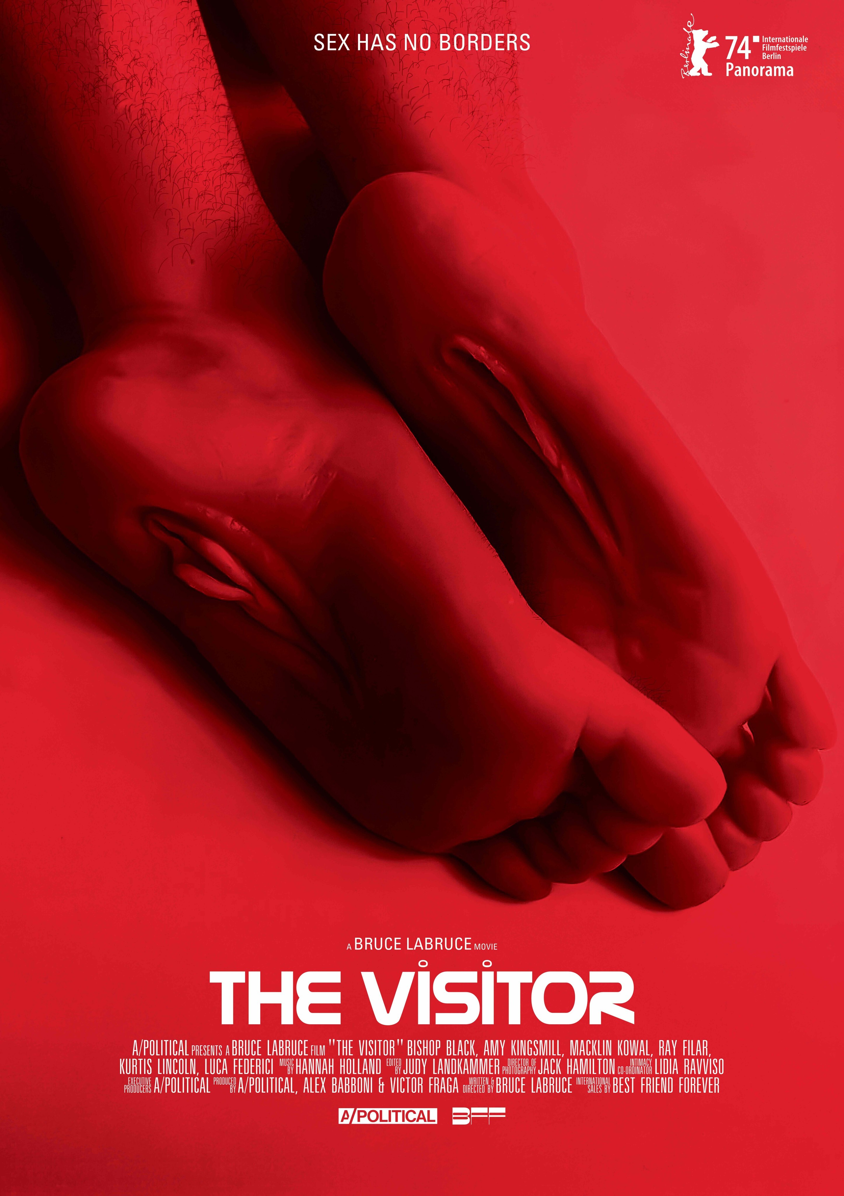This is a film poster for The Visitor. "Sex Has No Boarders" reads the text at the top. The photo is a pair of feet bathed in red light with a vulva slit on the soul of each foot