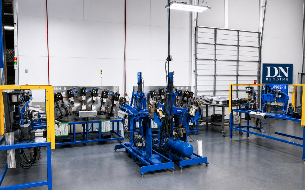 Vertically integrated tooling cell at D&N Bending — 8569-LH and 8569-RH bending fixtures with central process tooling