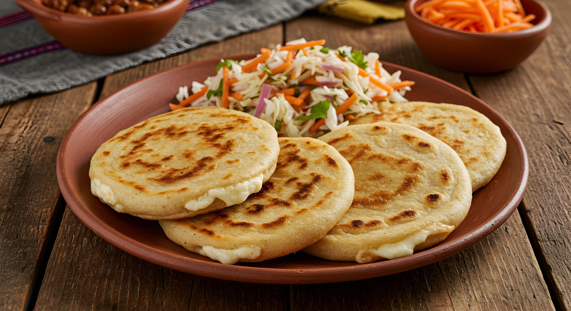 Plate of golden-brown pupusas with crispy edges, served with slaw on a wooden table.