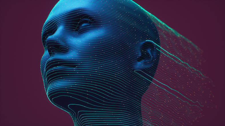 Abstract digital human head with glowing blue contour lines and dots on a dark purple background.