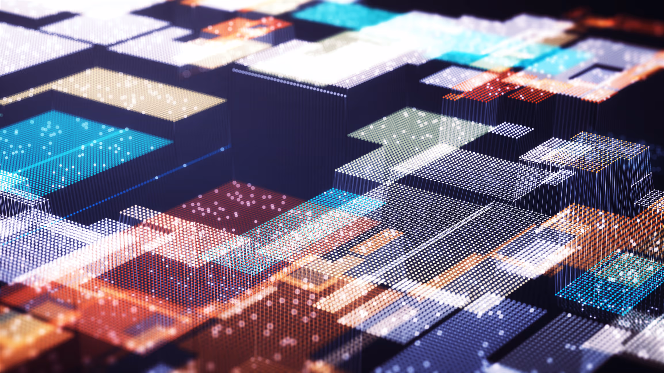 Abstract 3D digital grid with glowing interconnected squares and rectangles in various colors.