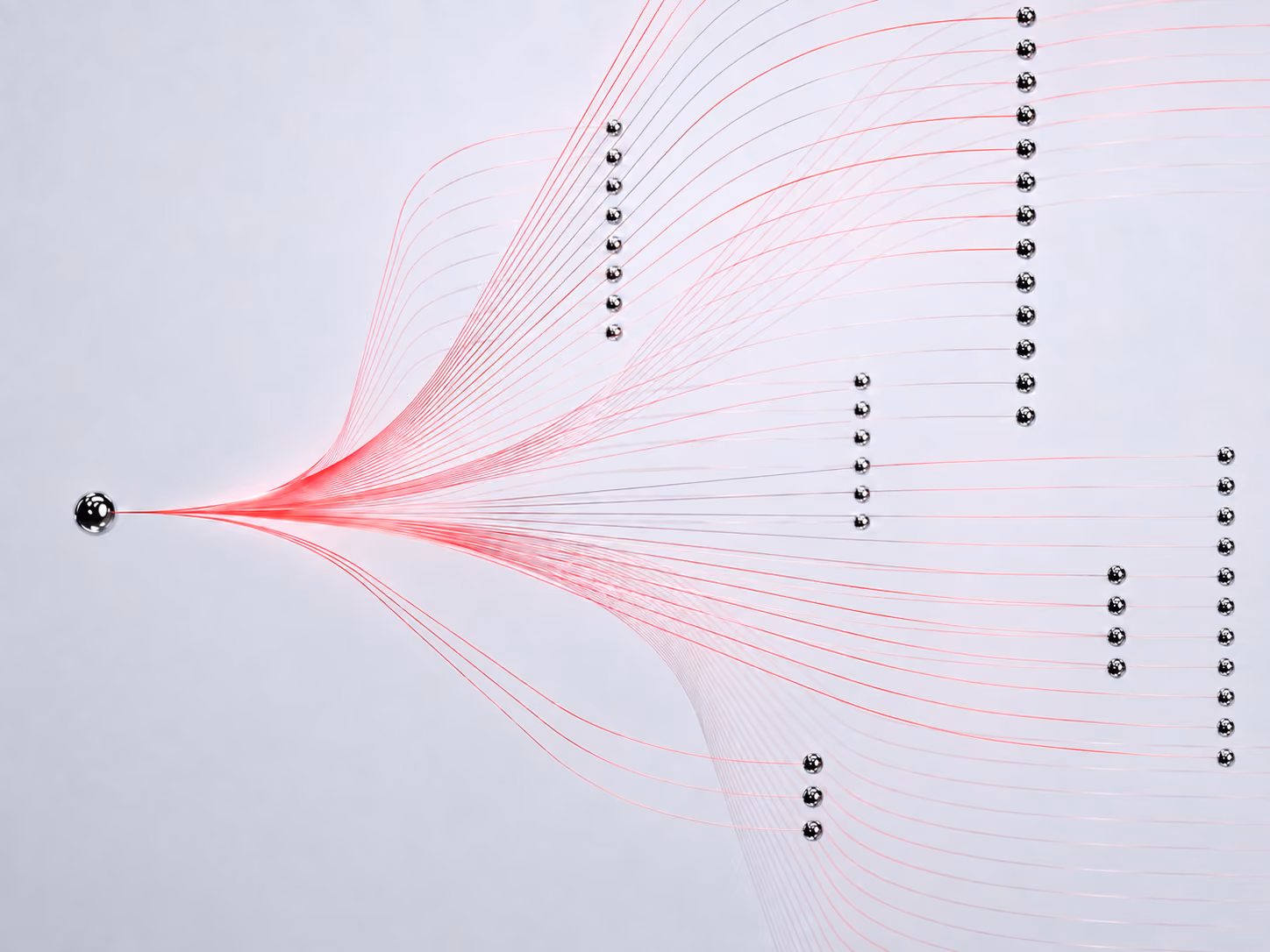 Network visualization with a central metallic sphere connected by thin lines to multiple smaller metallic spheres on a light blue background.