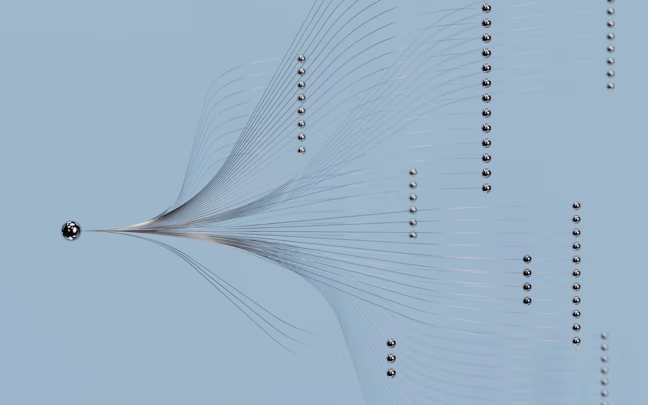 Network visualization with a central metallic sphere connected by thin lines to multiple smaller metallic spheres on a light blue background.