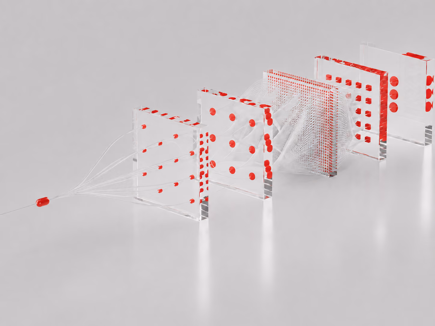 Abstract visualization with transparent blue and clear panels connected by fine white lines, representing a data network or neural network.