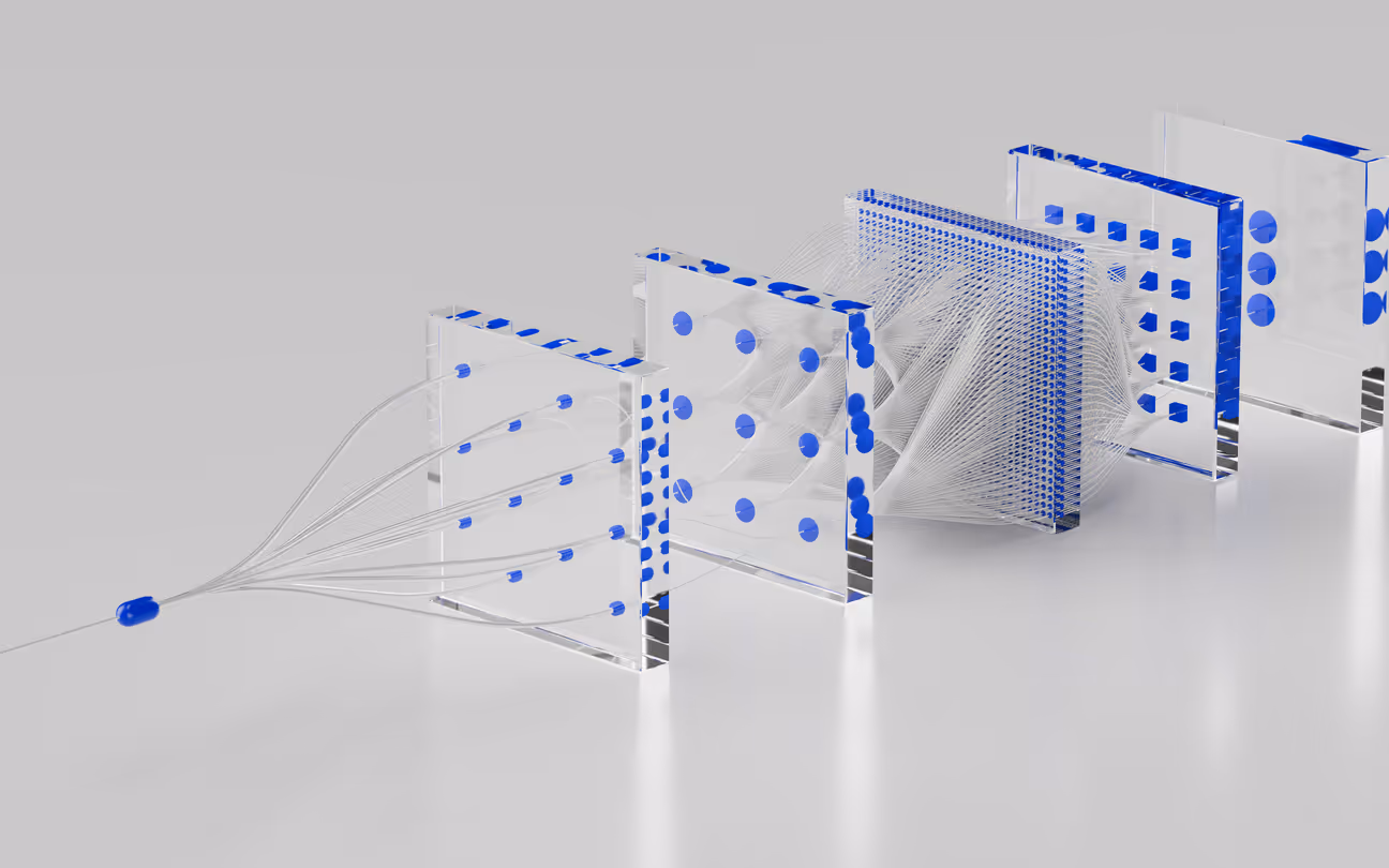 Abstract visualization with transparent blue and clear panels connected by fine white lines, representing a data network or neural network.