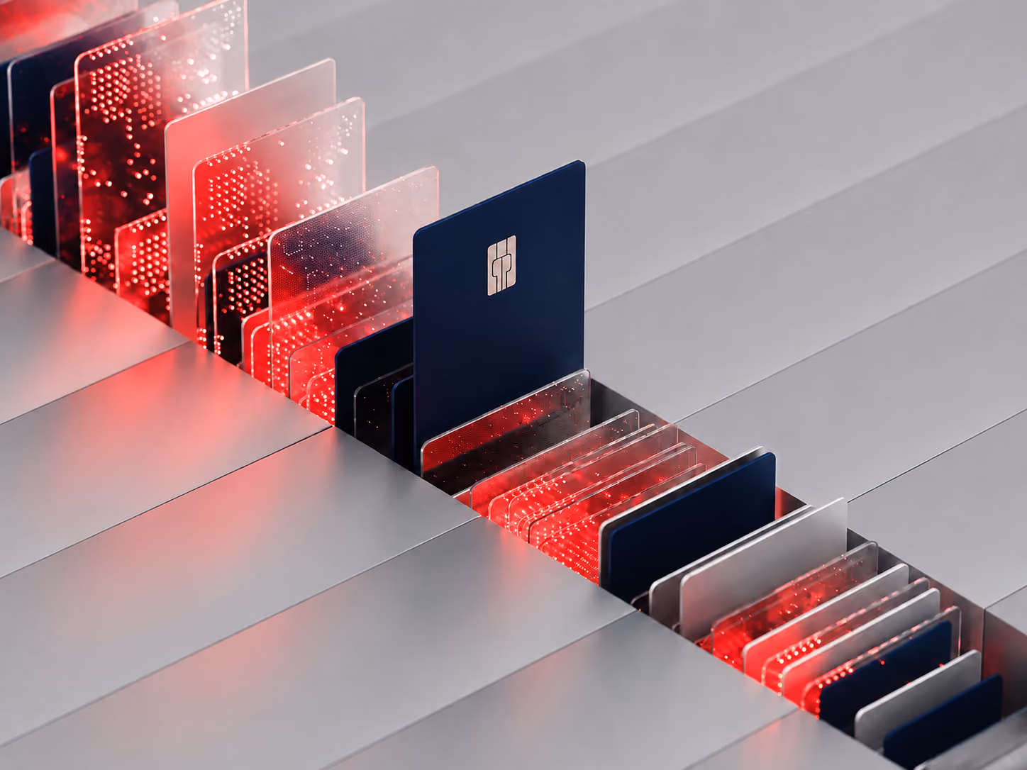 Row of digital credit cards with glowing circuit patterns, featuring a prominent blue card with a chip in the center.