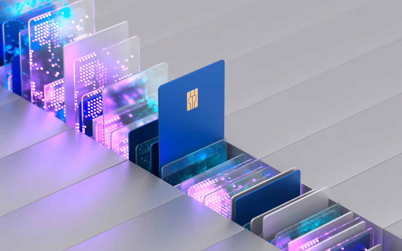 Row of digital credit cards with glowing circuit patterns, featuring a prominent blue card with a chip in the center.