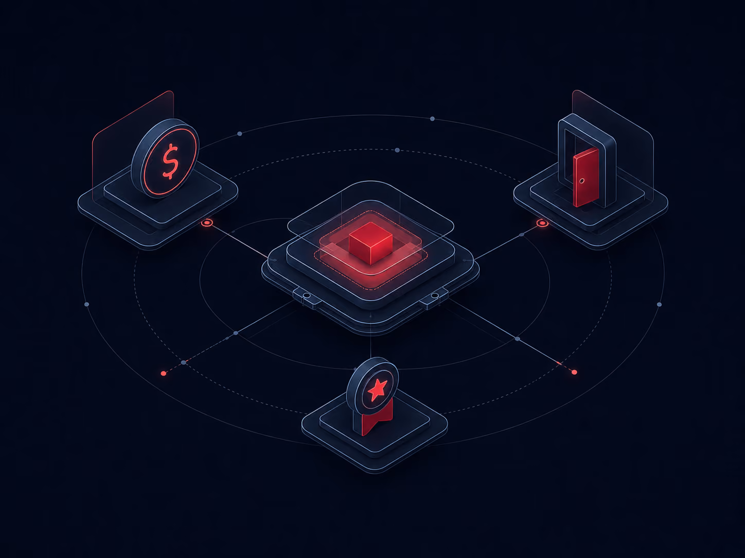 Dark digital network concept with a central red cube connected by lines to icons of a dollar sign, a door, and a star badge.
