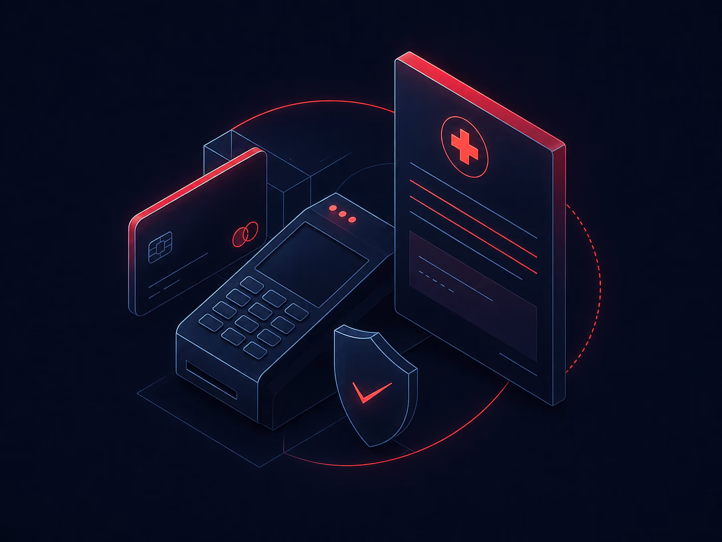 Isometric digital illustration showing a credit card, payment terminal, shield with checkmark, and medical document with red cross, symbolizing secure healthcare payments.