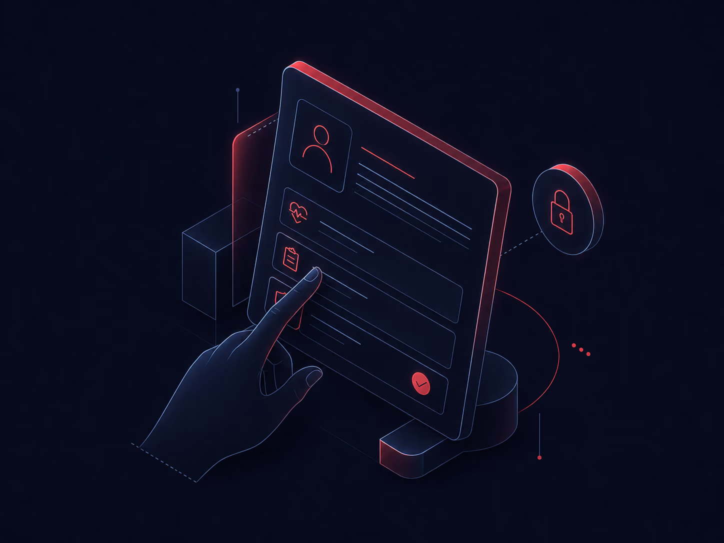 Digital hand interacting with a futuristic user interface displaying profile and medical icons, with a floating lock symbol indicating data security or privacy.