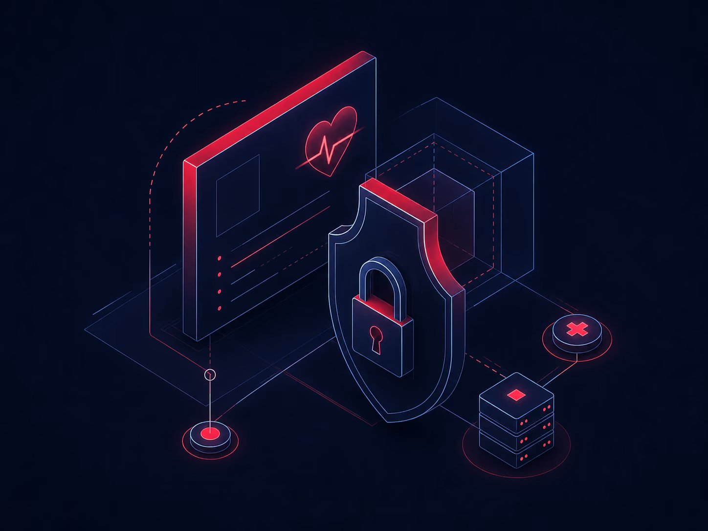Digital illustration of a shield with a padlock symbol protecting a heart-rate health data interface next to a database stack, symbolizing cybersecurity in healthcare data.