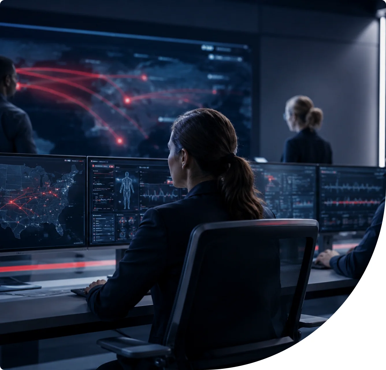 Analysts monitoring federal health data on large operations-centre displays