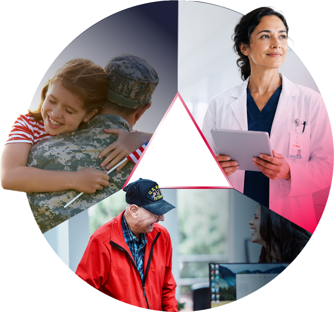 Circular collage of three scenes: a child embracing a service member, a clinician holding a tablet, and a veteran meeting with a care coordinator