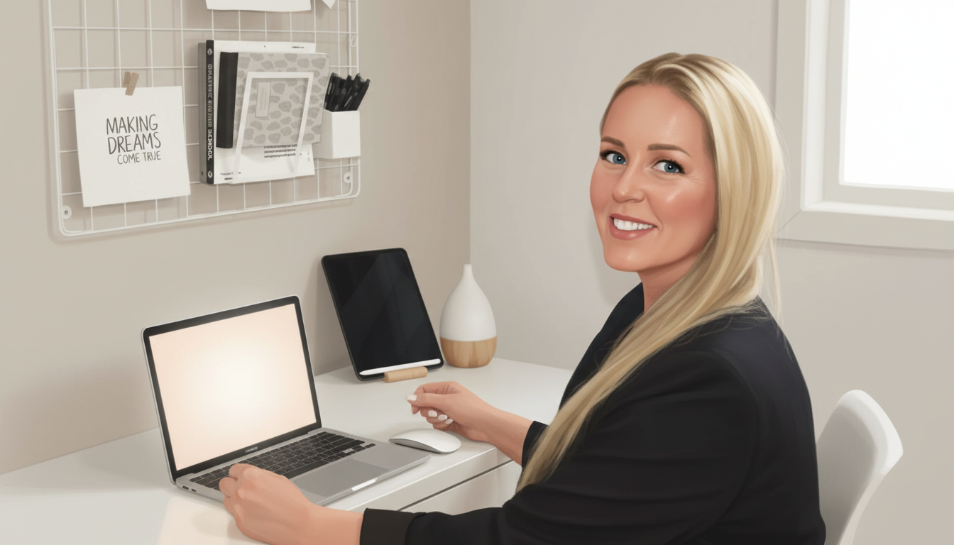 Et bilde av grafisk designer og fotograf Veronica Heimdal som sitter foran sin Mac