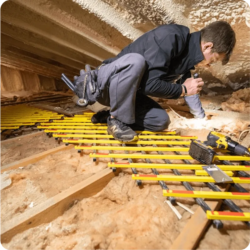 person working in the attic doing testing on your home