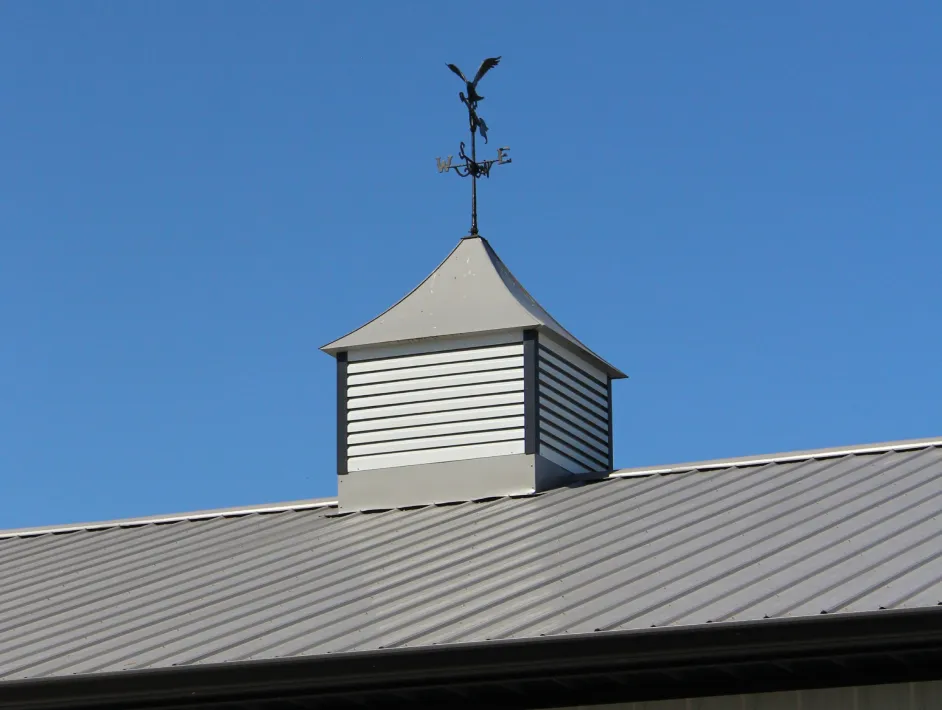 Gray metal roof with a white cupola topped by a weather vane shaped like an eagle against a clear blue sky.