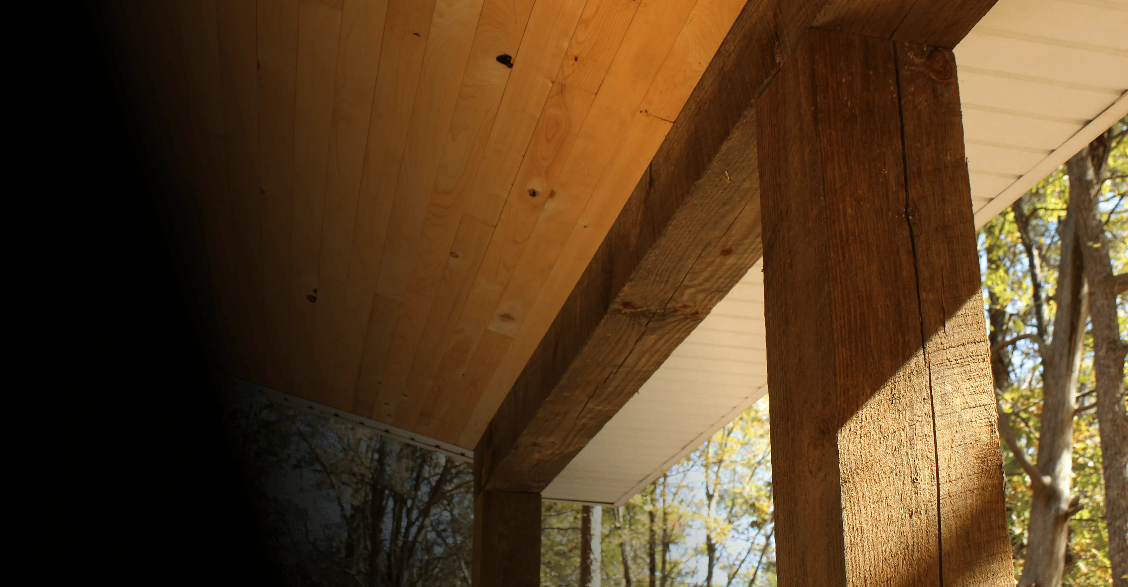 Close-up of wooden porch columns and ceiling with sunlight casting shadows and trees in the background.