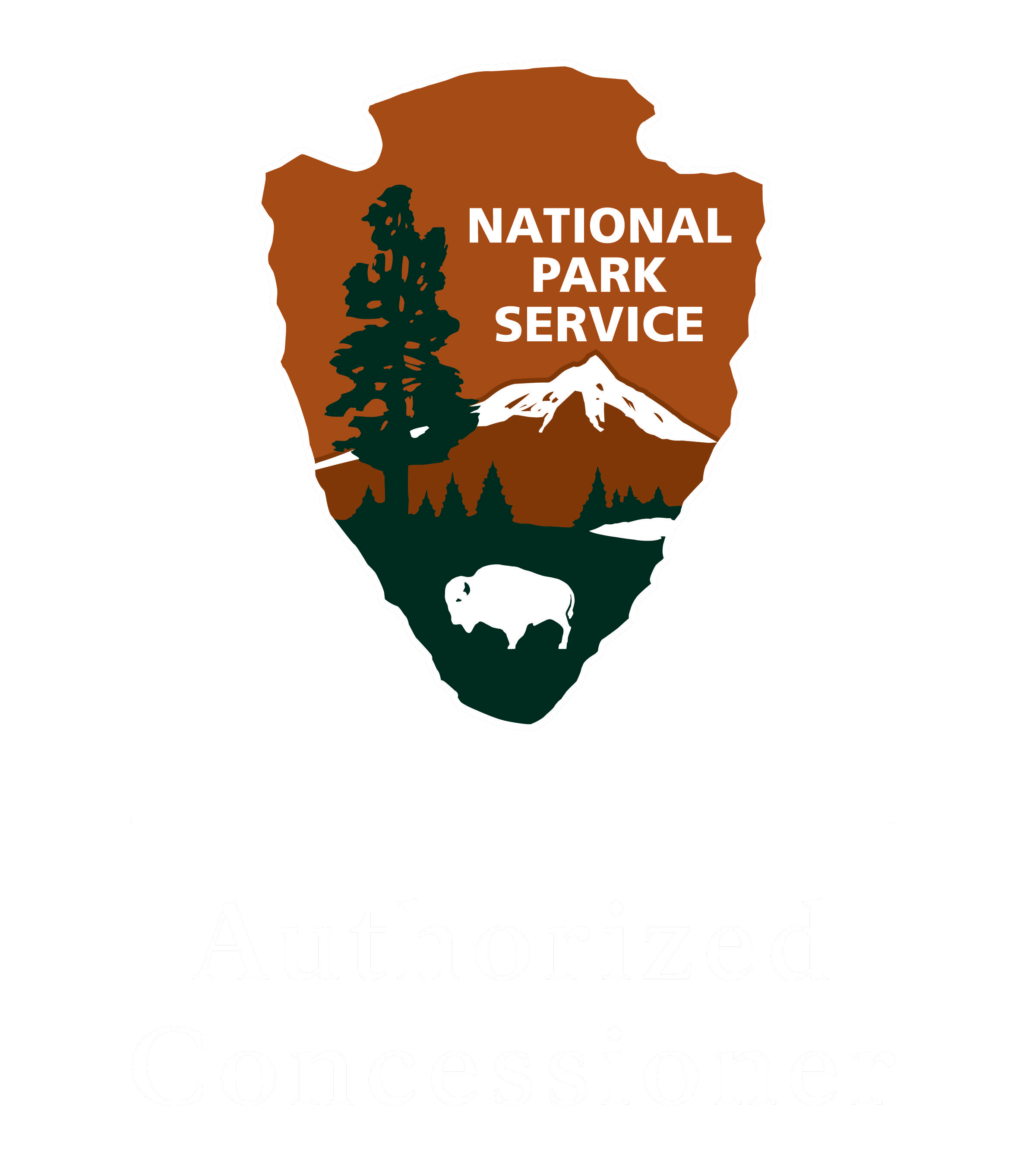 National Park Service emblem with tree, mountain, bison, and text 'Authorized Concessioner' below.