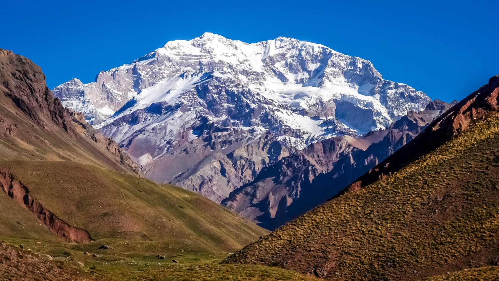 Snow-capped mountain peak under a clear blue sky with green and brown slopes in the foreground.