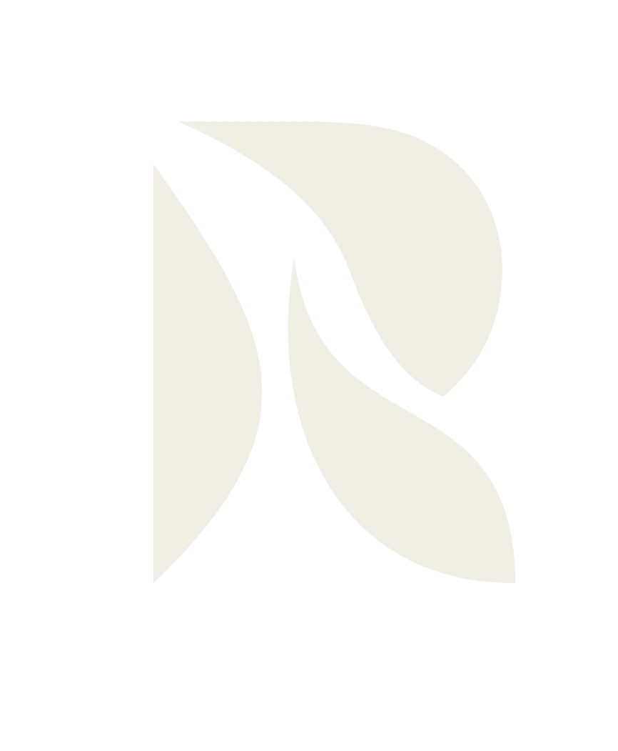 Abstract black and beige design forming a stylized letter R with leaf-like shapes.