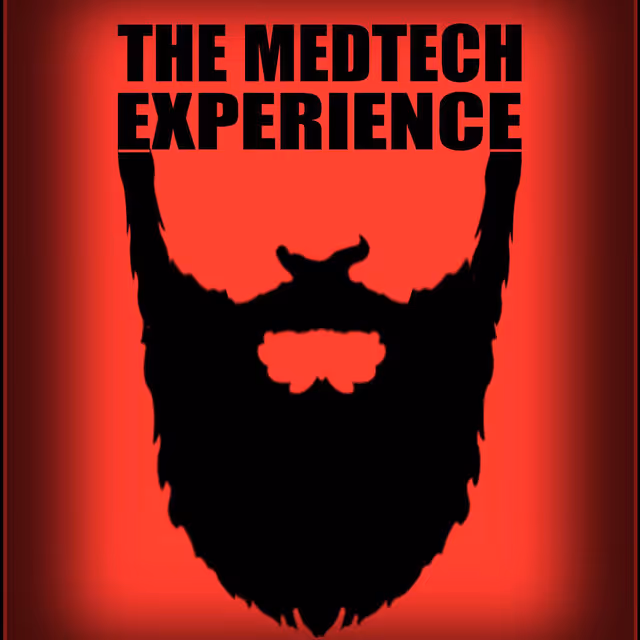Black beard silhouette with thick text above reading The Medtech Experience on red background.